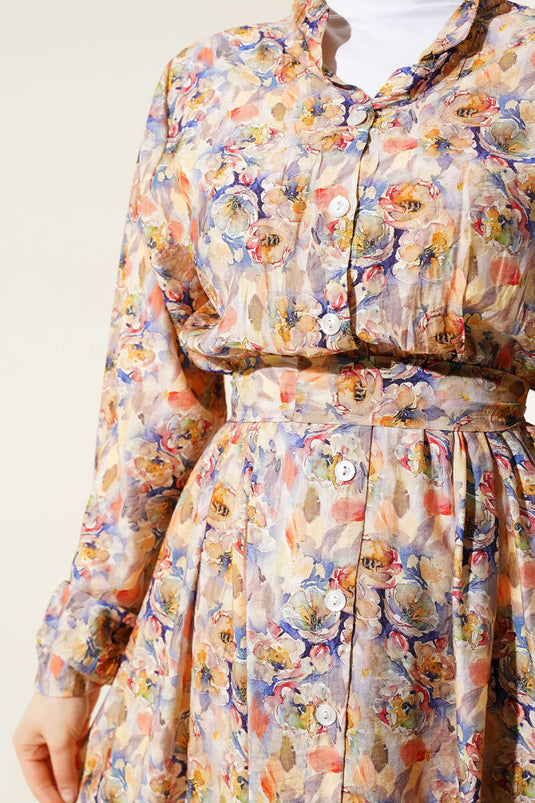 Marbled Floral Pattern Button-Down Dress Beige