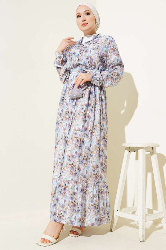 Marbled Floral Pattern Buttoned Dress Lilac