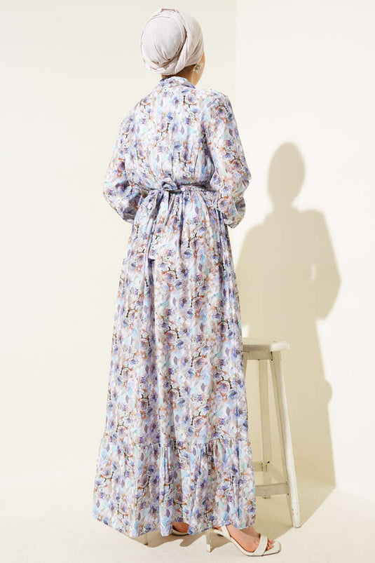 Marbled Floral Pattern Buttoned Dress Lilac