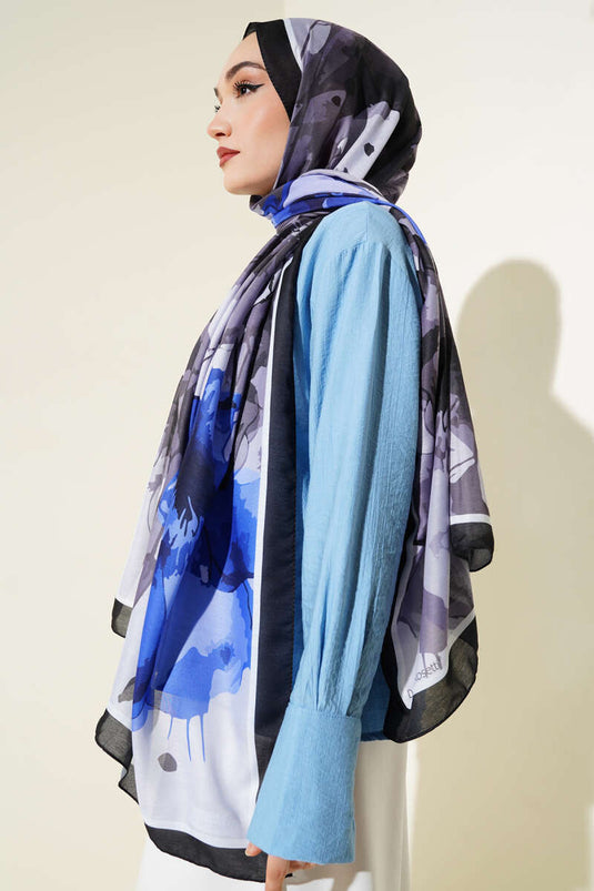 Ebruli Çiçek Desen Soft Şal Mavi Siyah