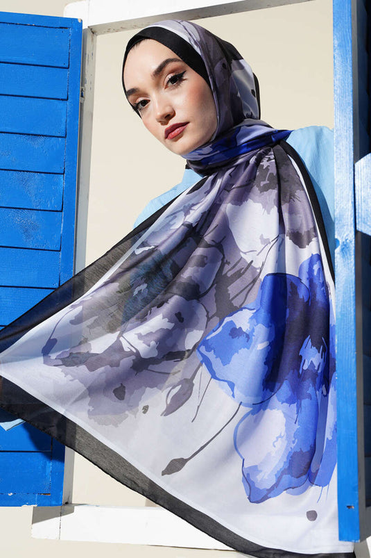 Ebruli Çiçek Desen Soft Şal Mavi Siyah