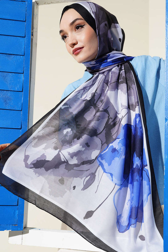 Ebruli Çiçek Desen Soft Şal Mavi Siyah