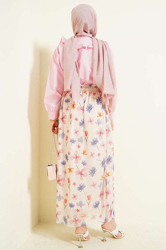 Multicolored Floral Pattern Tulle Skirt Beige