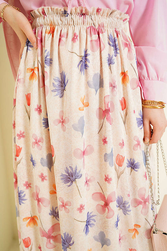 Multicolored Floral Pattern Tulle Skirt Beige