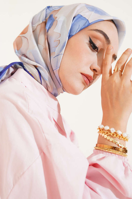 Marbled Floral Pattern Scarf, Navy Blue