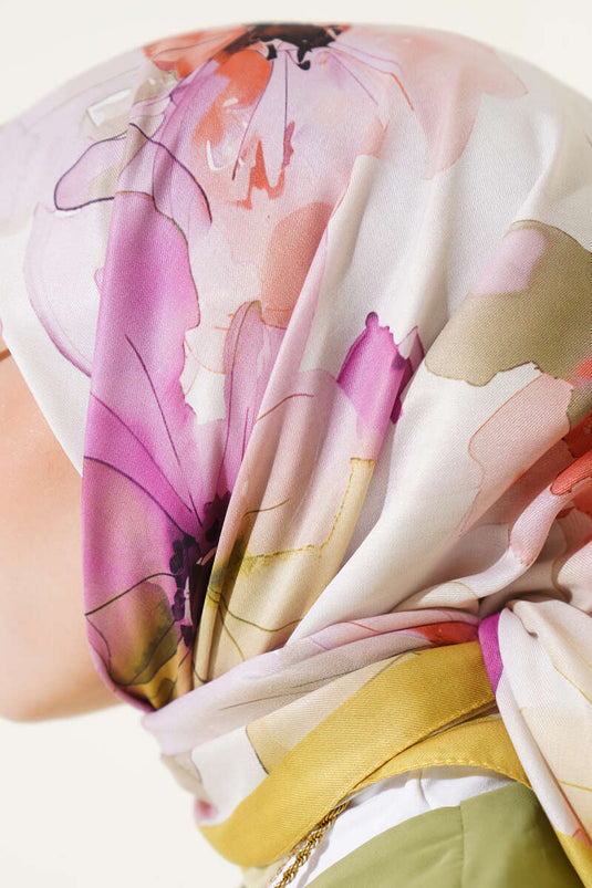 وشاح بنقشة زهور رخامية، أخضر زيتوني