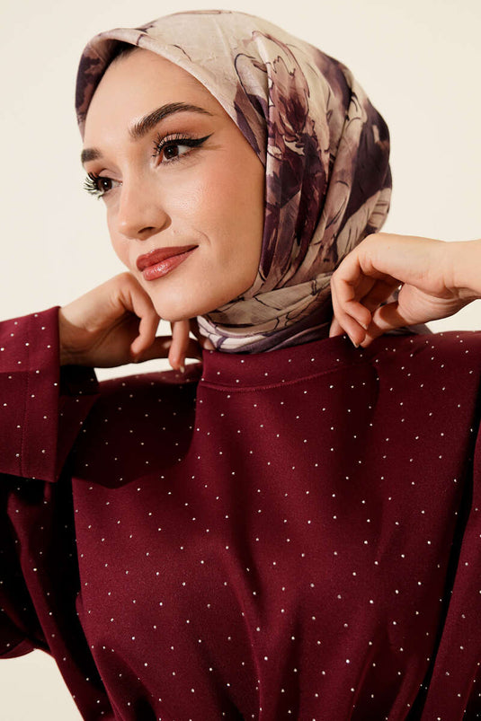 Ebruli Çiçekli Bambu Kraş Eşarp Acı Kahve