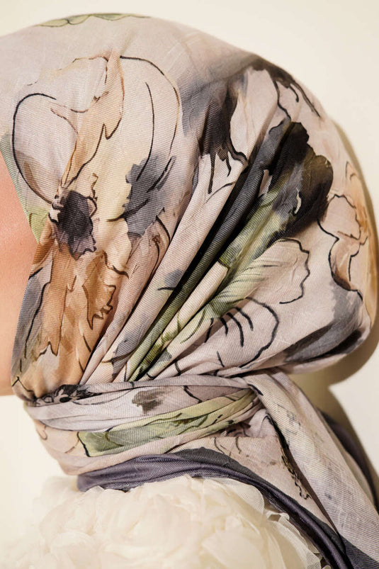 Sciarpa in maglia di bambù con motivo floreale marmorizzato, grigio fumo