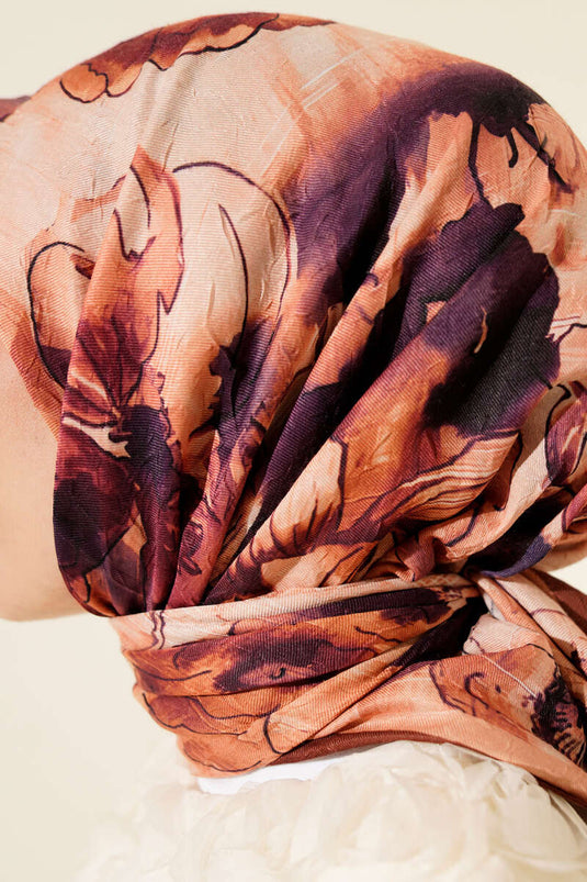 Sciarpa in bambù con stampa floreale marmorizzata color caffè