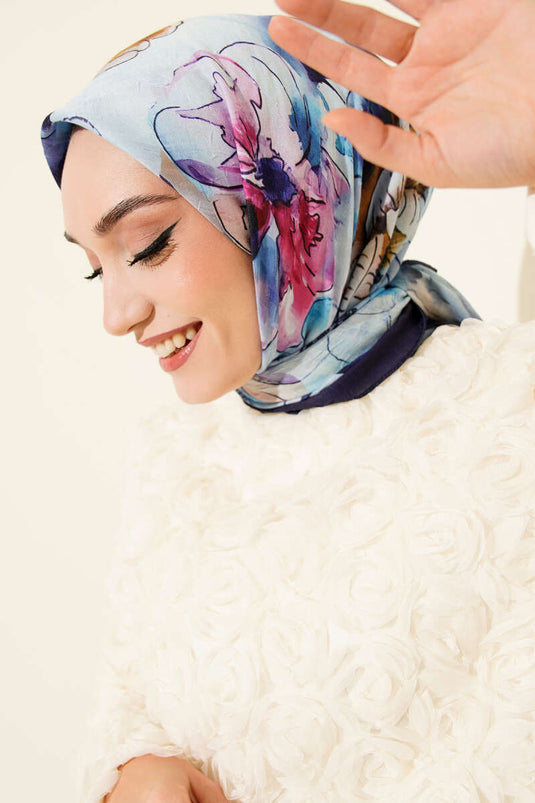 Marbled Floral Bamboo Knit Scarf Navy Blue