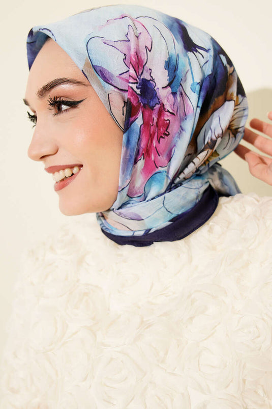 Marbled Floral Bamboo Knit Scarf Navy Blue