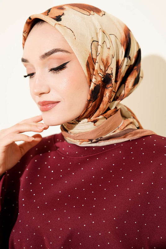 Marbled Floral Bamboo Crush Scarf Tan