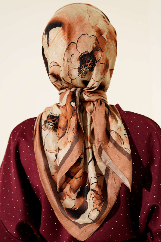 Marbled Floral Bamboo Crush Scarf Tan