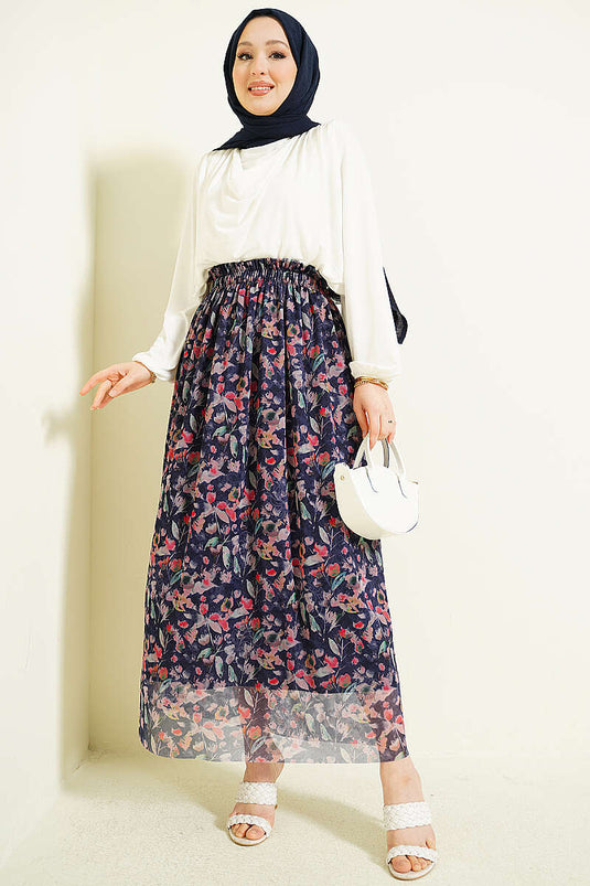 Jupe en tulle à fleurs multicolores bleu marine
