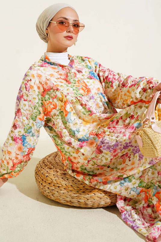 Half Buttoned Rainbow Dress with Marbled Flowers