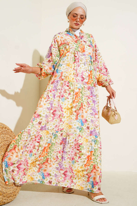 Half Buttoned Rainbow Dress with Marbled Flowers