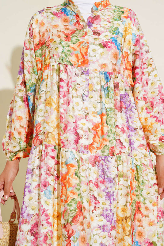 Half Buttoned Rainbow Dress with Marbled Flowers