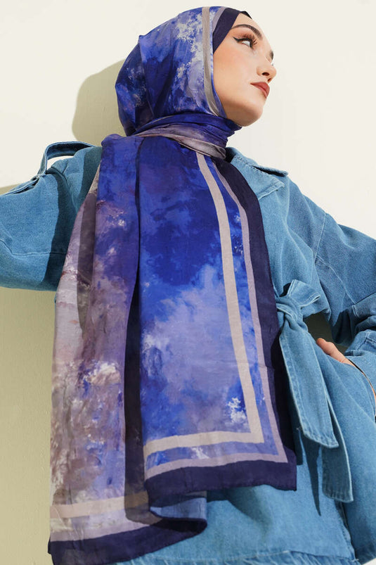 Marbled Pattern Bamboo Crush Scarf Navy Blue