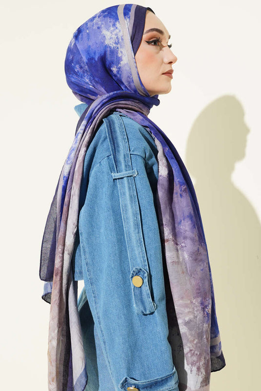 Marbled Pattern Bamboo Crush Scarf Navy Blue