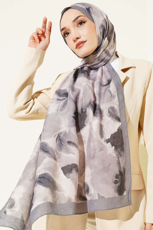 Ebruli Patterned Bamboo Crêpe Shawl Gray