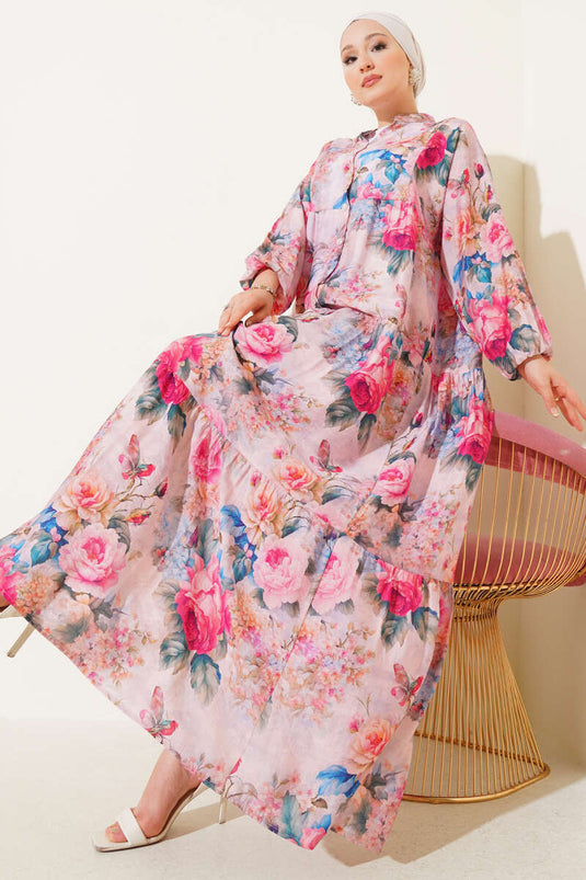 Ebruli Gül Desenli Elbise Pembe