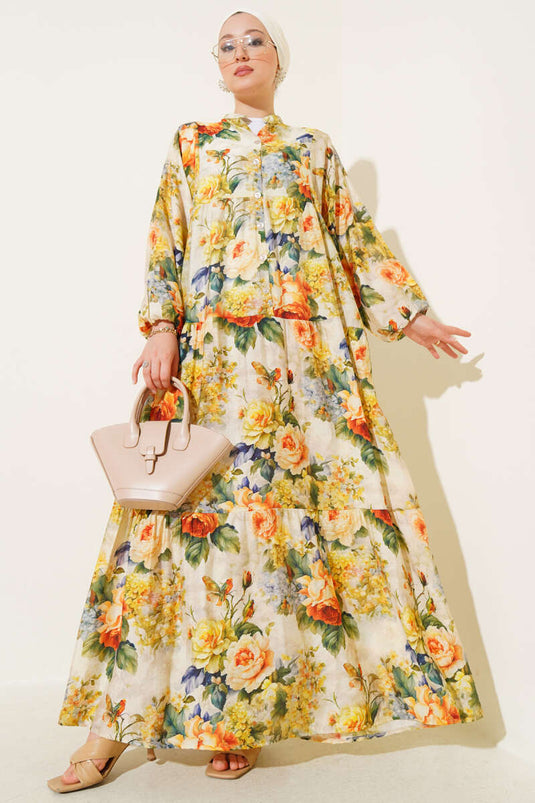 Gemarmerde rozenpatroonjurk geel