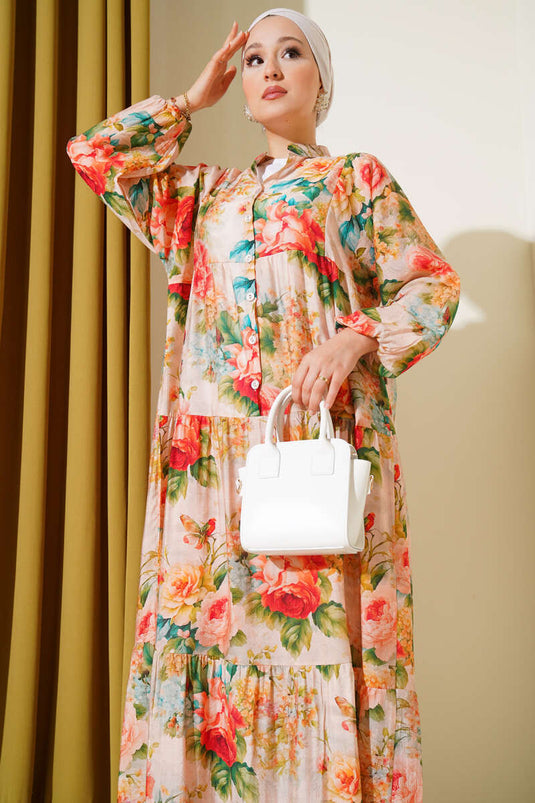 Robe à motifs roses marbrées verte