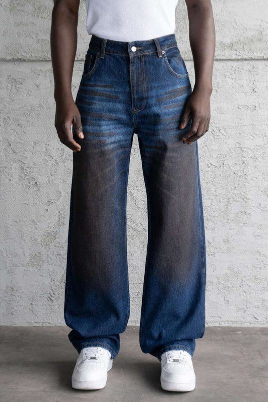 Efektli Baggy Erkek Kot Pantolon Koyu Mavi