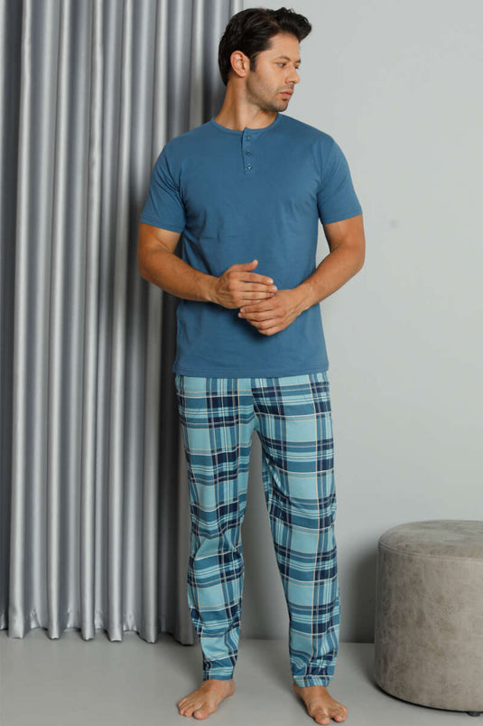 Ensemble pyjama à carreaux imprimés, manches courtes boutonnées, indigo