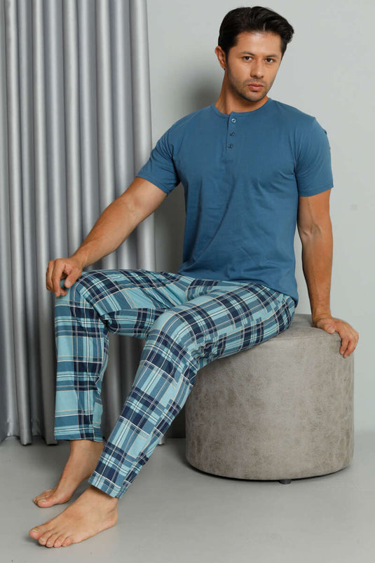 Ensemble pyjama à carreaux imprimés, manches courtes boutonnées, indigo