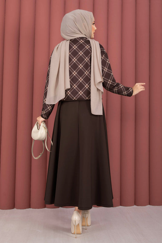 Ekose Croplu Jas Rok Set Bruin