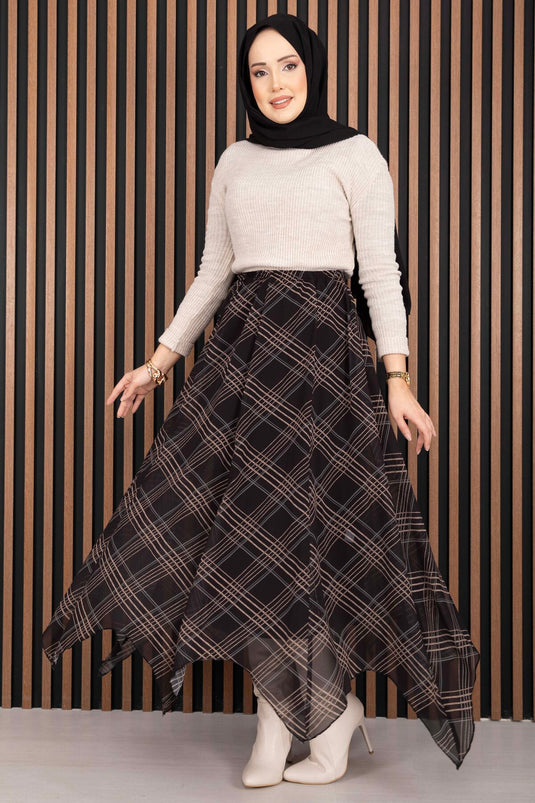 Asymmetric Cut Checked Chiffon Skirt Black