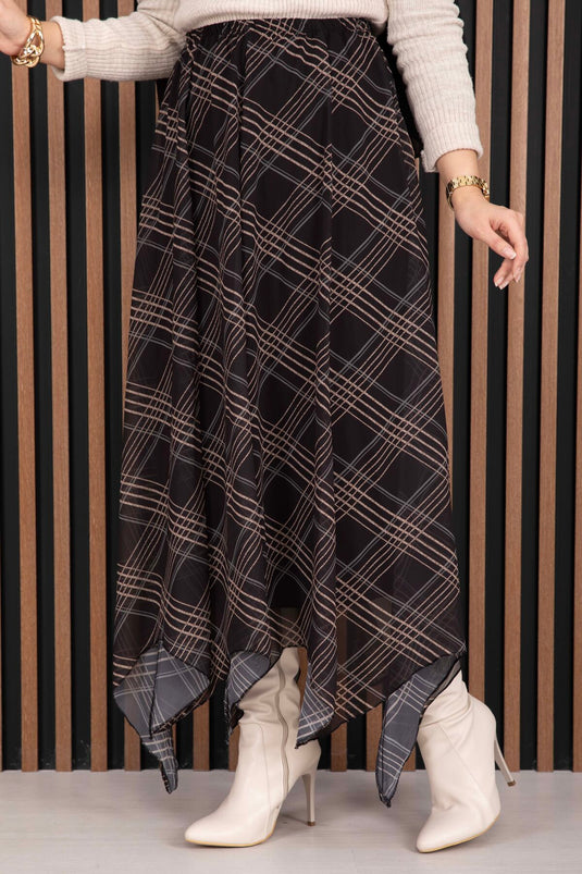 Asimetrik Kesim Ekose Şifon Etek Siyah