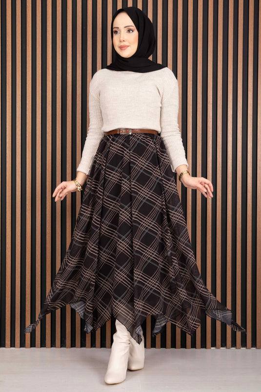 Asymmetric Cut Checked Chiffon Skirt Black
