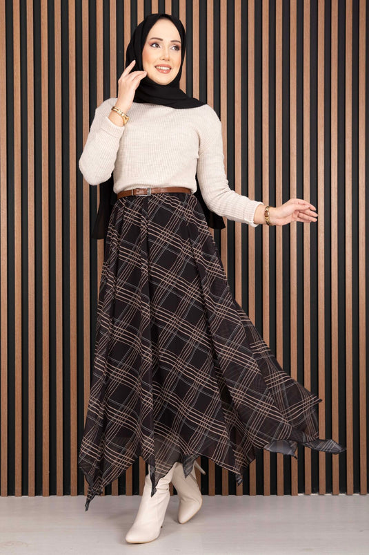 Asymmetric Cut Checked Chiffon Skirt Black