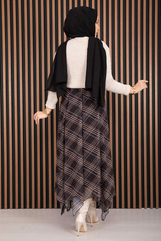 Asymmetric Cut Checked Chiffon Skirt Black