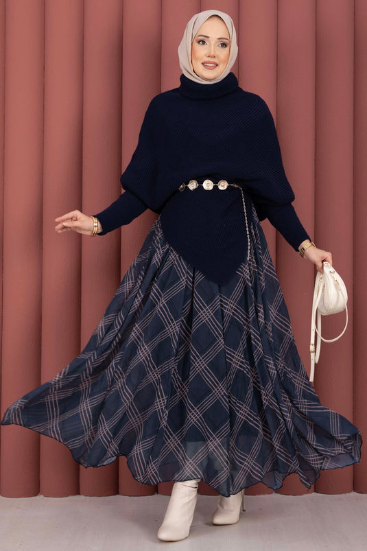 Ekose Desen Astarlı Şifon Etek Lacivert