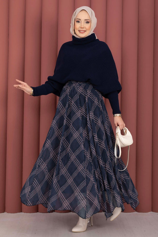 Ekose Desen Astarlı Şifon Etek Lacivert