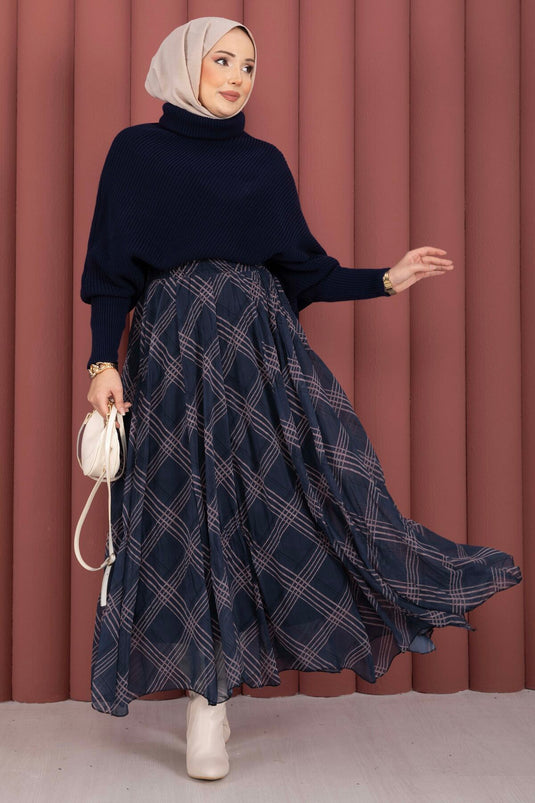 Ekose Desen Astarlı Şifon Etek Lacivert