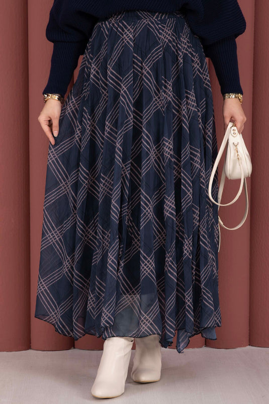 Ekose Desen Astarlı Şifon Etek Lacivert