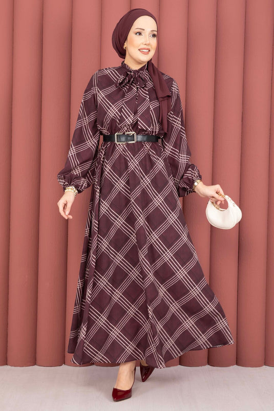 Ekose patroon taille met plooien modest kleding bordeaux