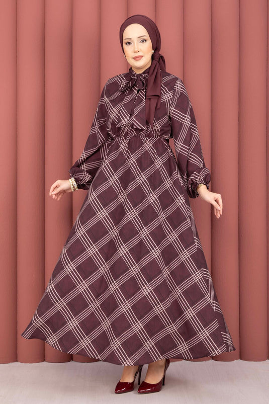 Ekose patroon taille met plooien modest kleding bordeaux