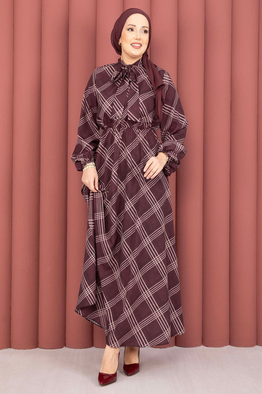 Ekose patroon taille met plooien modest kleding bordeaux