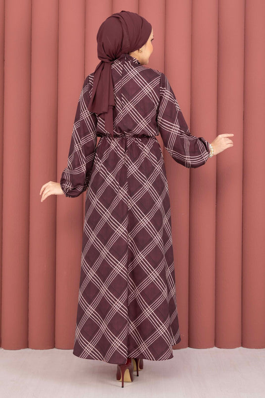 Ekose patroon taille met plooien modest kleding bordeaux