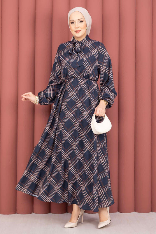 Plaid Pattern Gathered Waist Modest Dress Navy Blue