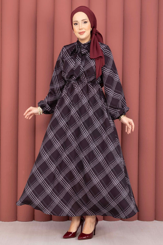 Checked Pattern Gathered Waist Modest Dress Black