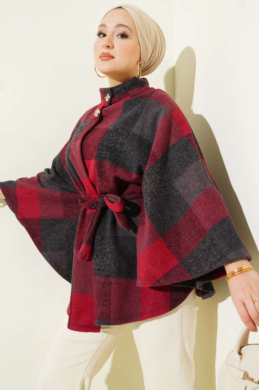 Poncho en cachemire à carreaux bordeaux, boutonné