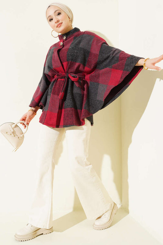 Poncho en cachemire à carreaux bordeaux, boutonné