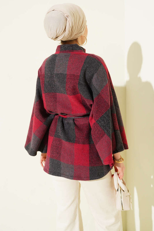 Poncho en cachemire à carreaux bordeaux, boutonné