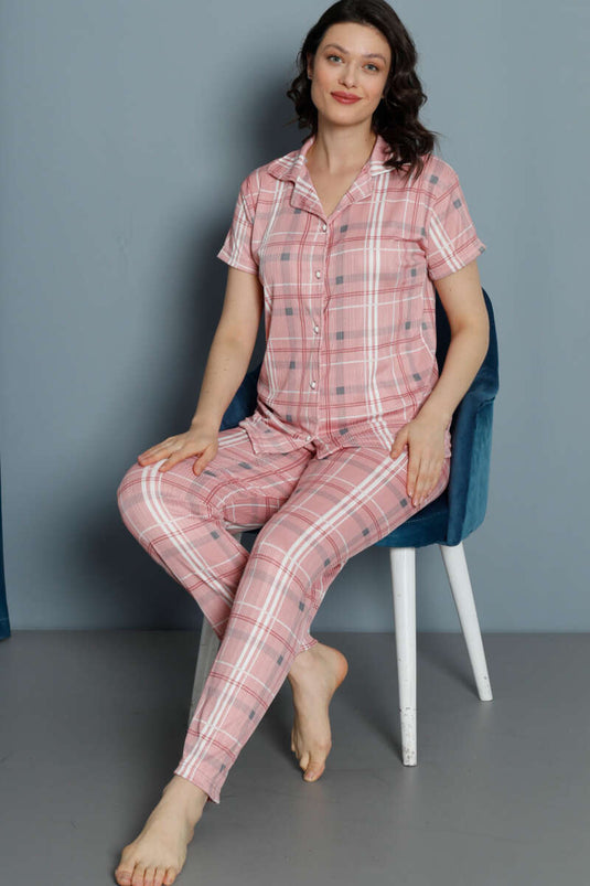 Plaid Pattern Buttoned Pajama Set Salmon